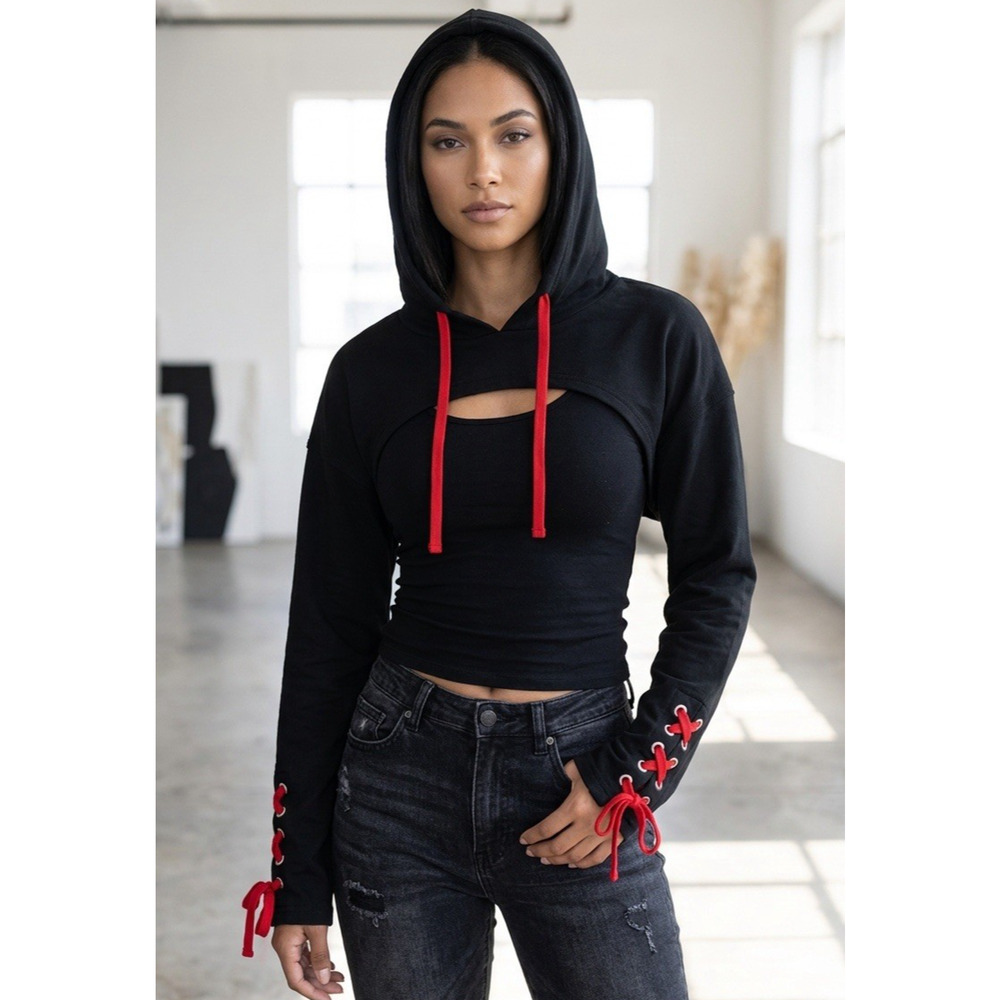 SOCIAL COLLISION-XL-Lace-Up Hooded SHRUG Top-Mallgoth-Y2K-Emo-Grunge-Streetwear